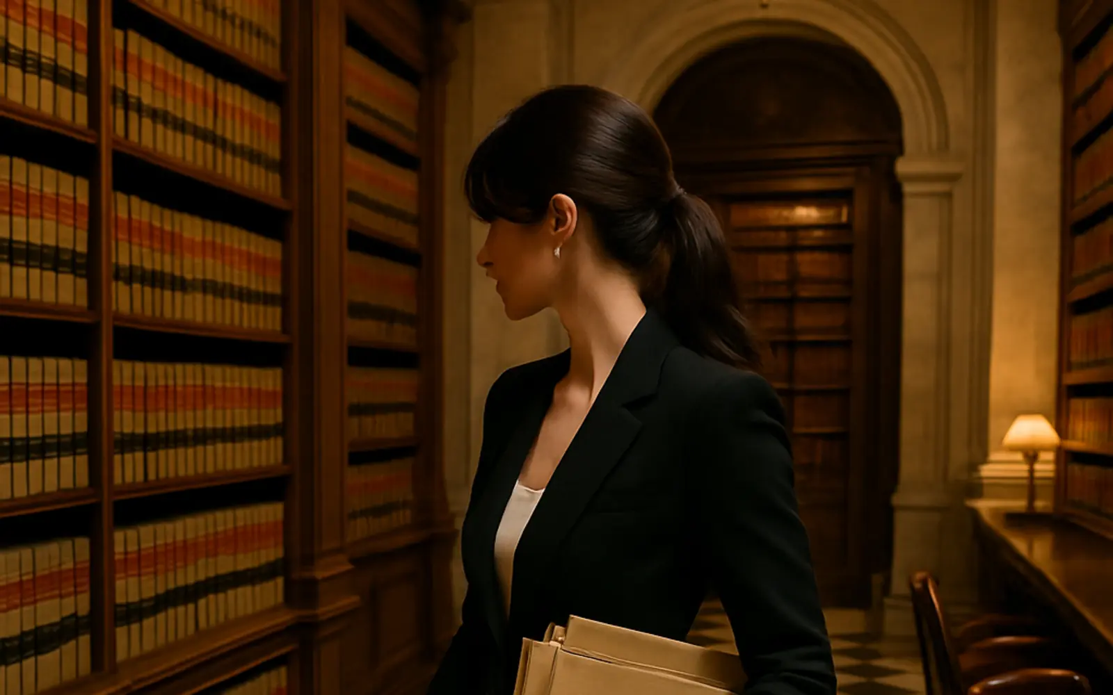 Lawyer carrying case files in a traditional law library